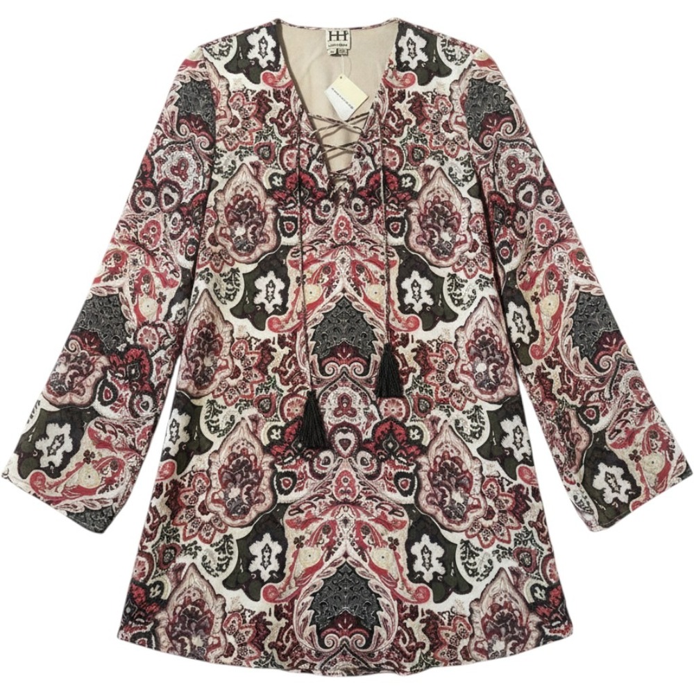 Haute Hippie Silk Mini Dress M Red Paisley Lace Up Bell Sleeve Boho Chic